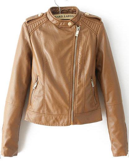 Romwe Oblique Zipper Epaulet Crop Brown Jacket