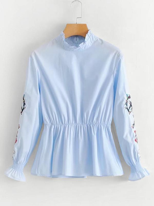 Romwe Embroidery Sleeve Peplum Blouse