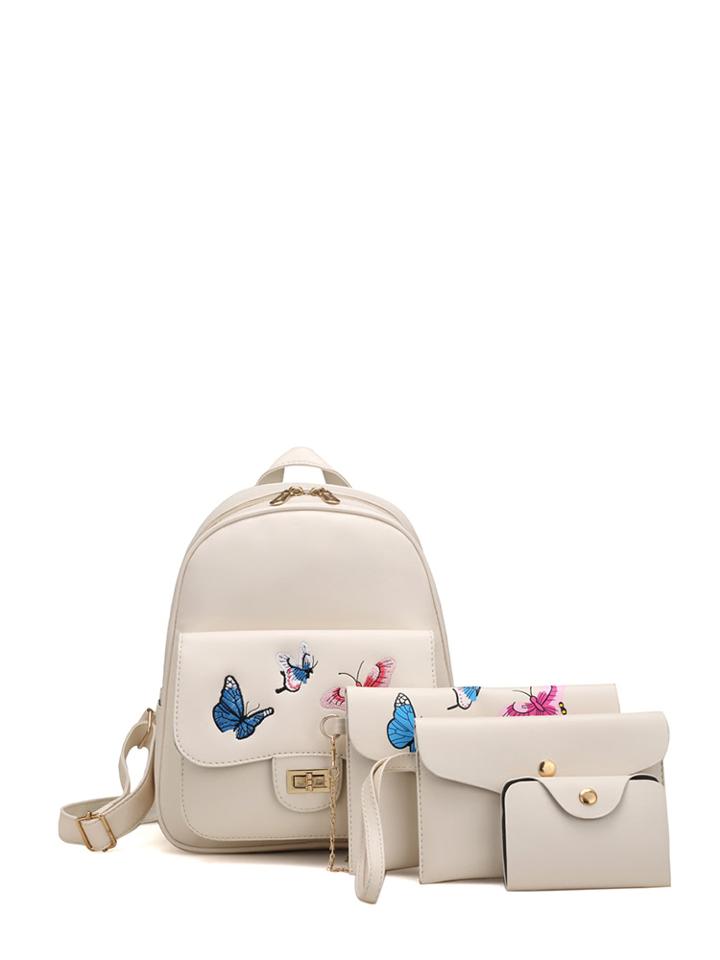Romwe Butterfly Embroidered Pu Combination Bag 4pcs