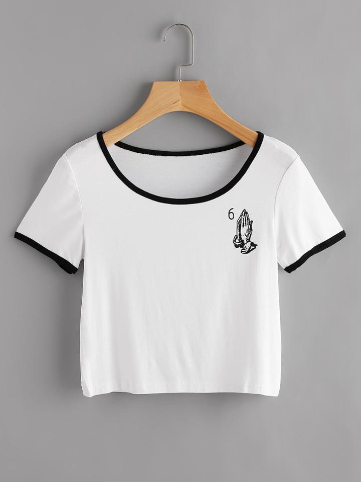 Romwe Prayer Hands Print Ringer Tee