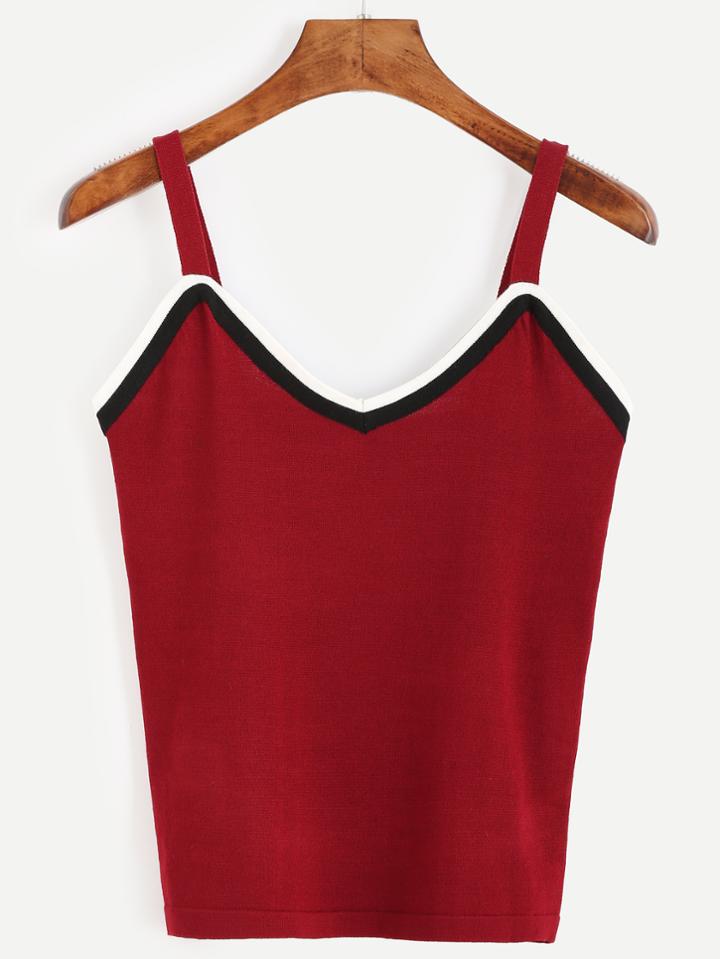 Romwe Red Striped Trim Knit Cami Top
