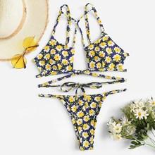 Romwe Floral Criss Cross Top With Low Rise Bikini