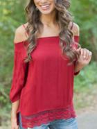 Romwe Lace Trimmed Smocked Cold Shoulder Blouse