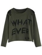 Romwe Army Green Letter Print Distressed Crop T-shirt
