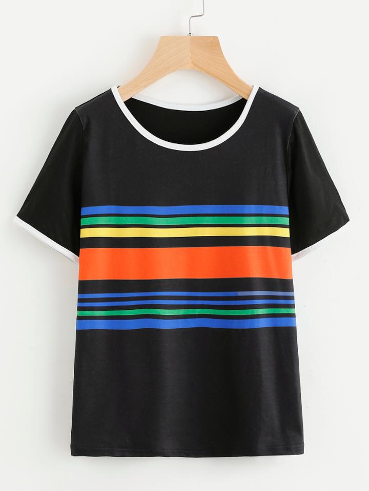 Romwe Contrast Striped Ringer Tee