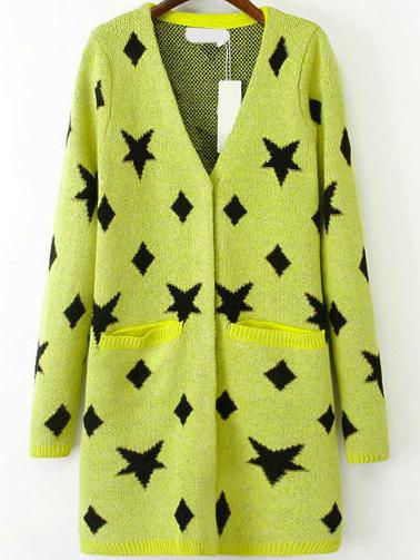 Romwe With Pockets Star Print Green Cardigan