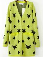 Romwe With Pockets Star Print Green Cardigan