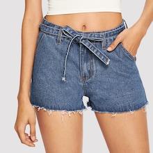 Romwe Raw Hem Belted Denim Shorts