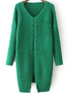 Romwe V Neck Split Front Green Sweater Dress