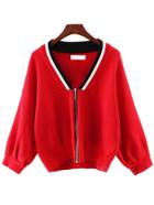Romwe Red V Neck Zipper Front Sweater
