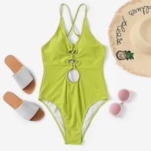 Romwe Criss Cross Cut-out Plain Swimsuit