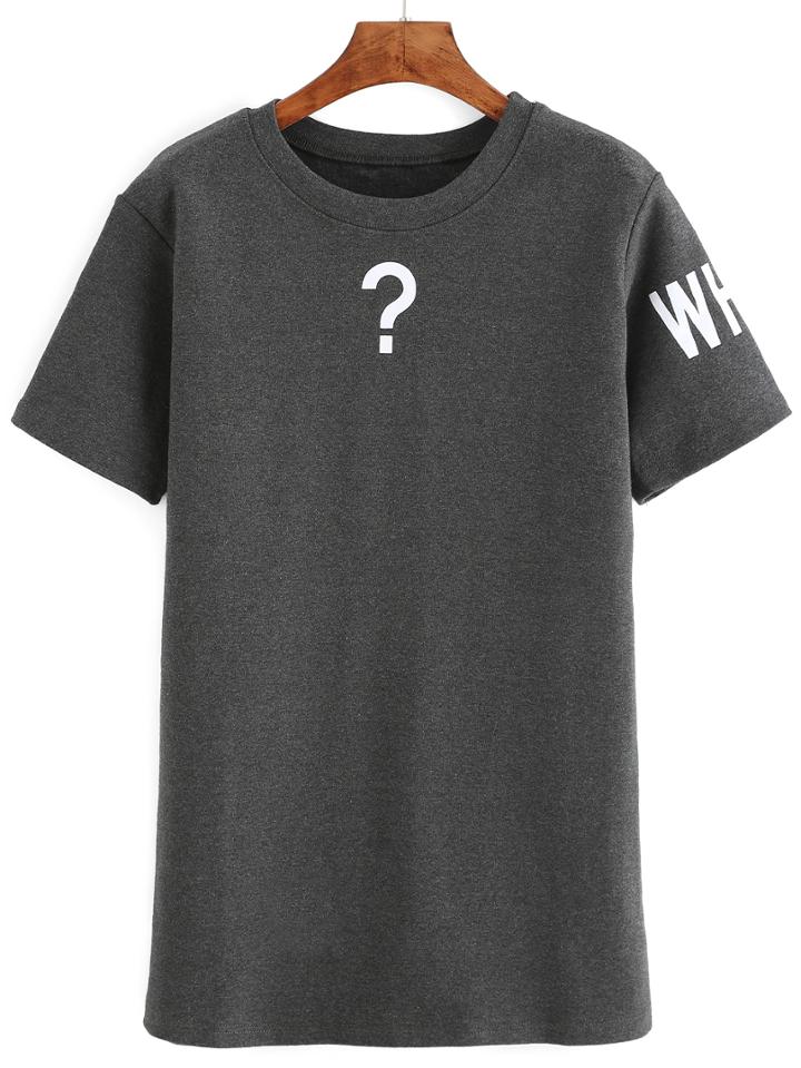 Romwe Question Mark Print Grey T-shirt