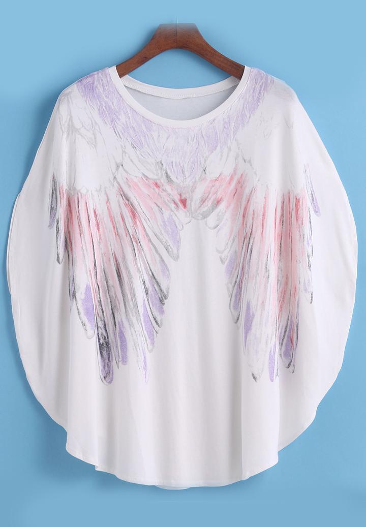 Romwe Bat Sleeve Feather Print T-shirt
