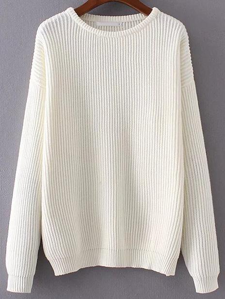 Romwe White Ribbed Drop Shoulder Sweater