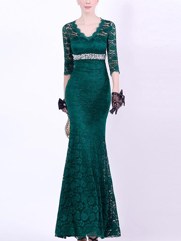 Romwe V Neck Lace Mermaid Maxi Green Dress