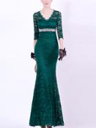 Romwe V Neck Lace Mermaid Maxi Green Dress
