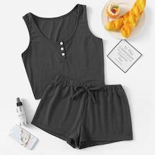 Romwe Button Front Tank Top & Shorts Pj Set