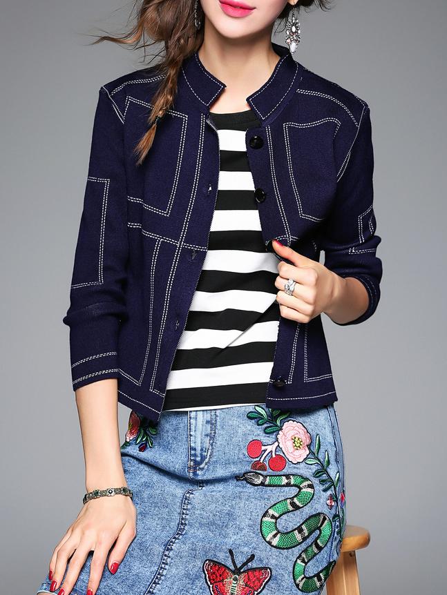 Romwe Blue Crew Neck Short Coat