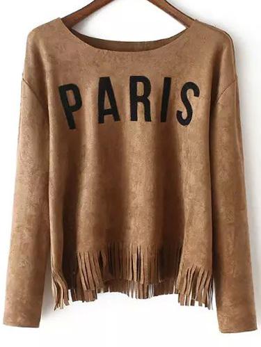 Romwe Dropped Shoulder Seam Letter Embroidered Fringe Suede Top
