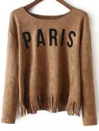 Romwe Dropped Shoulder Seam Letter Embroidered Fringe Suede Top