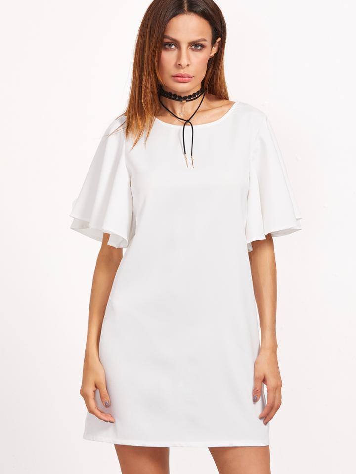 Romwe White Tied V Back Ruffle Sleeve Dress