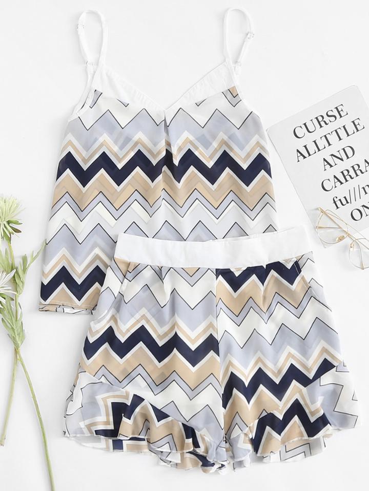 Romwe Chevron Striped Cami With Ruffle Hem Shorts
