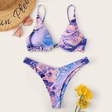 Romwe Watercolor Print Thin Strap Top With High Leg Bikini