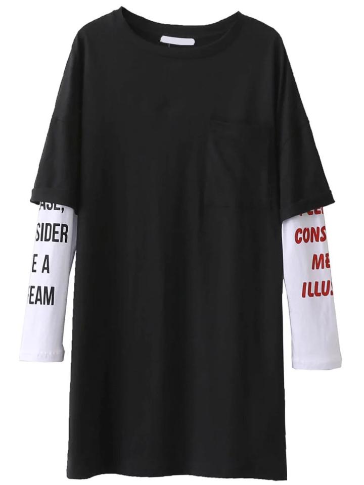 Romwe Black Letter Print Contrast Sleeve Tee Dress