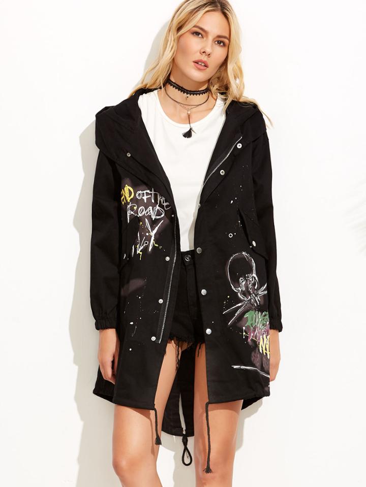 Romwe Black Graffiti Print Drawstring Hooded Jacket