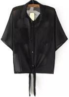 Romwe Lapel With Pockets Monroe Print Chiffon Black Blouse