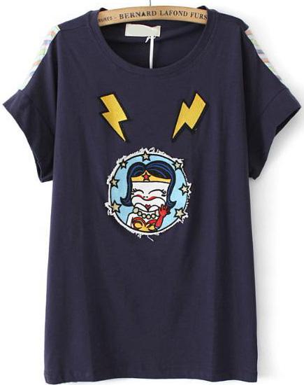 Romwe Cartoon Lightning Pattern Navy T-shirt
