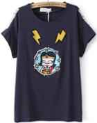 Romwe Cartoon Lightning Pattern Navy T-shirt