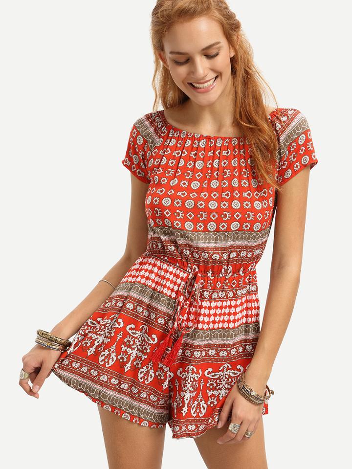 Romwe Red Tribal Print Drawstring Waist Romper