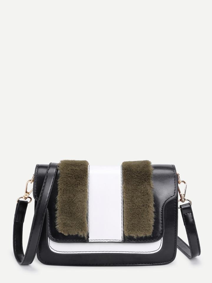 Romwe Two Tone Pu Shoulder Bag With Faux Fur