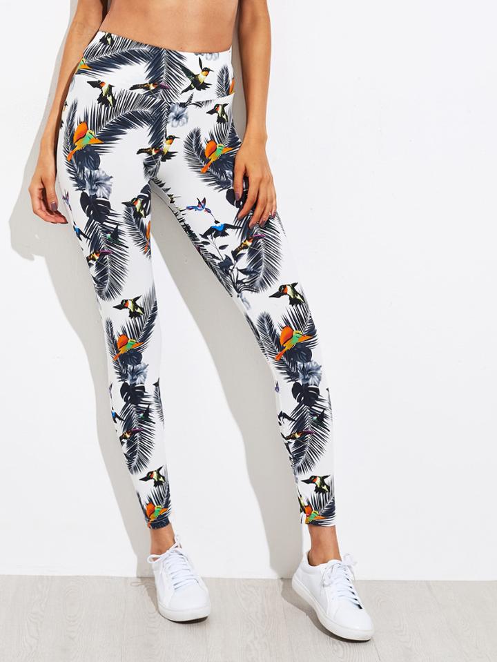 Romwe Wide Waistband Tropical Leggings