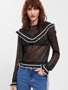 Romwe Black Striped Ruffle Trim Hollow Out Crochet Sweatshirt
