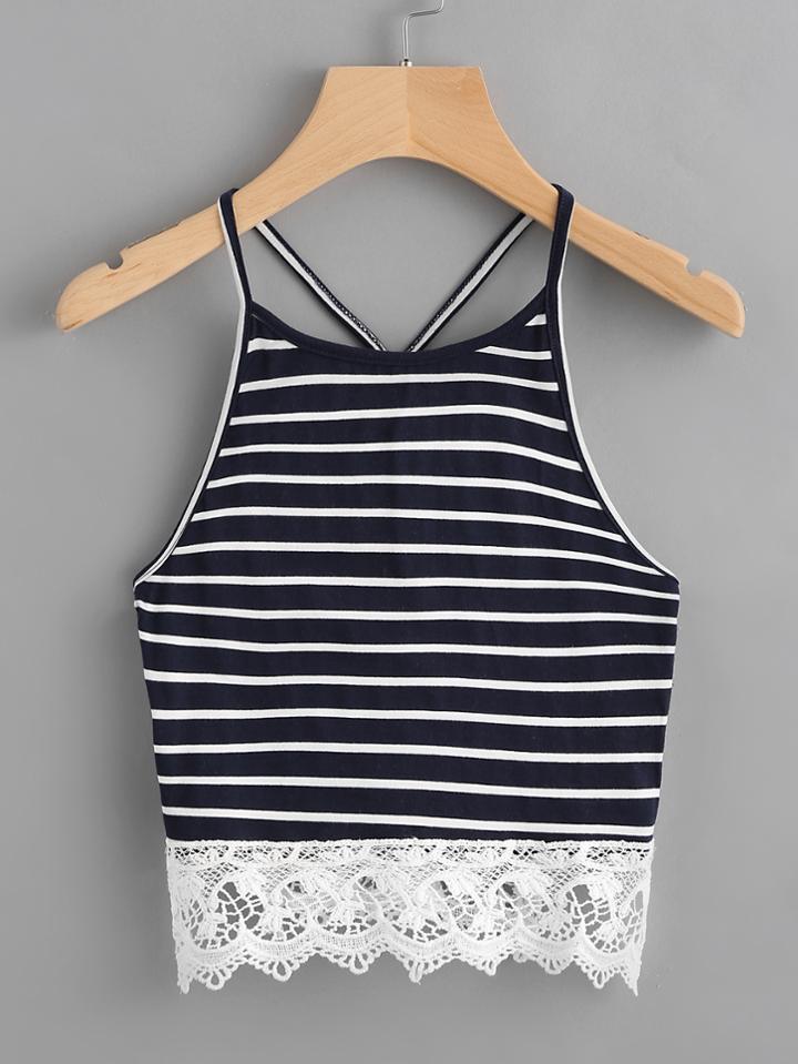 Romwe Contrast Crochet Hem Striped Cami Top