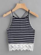 Romwe Contrast Crochet Hem Striped Cami Top