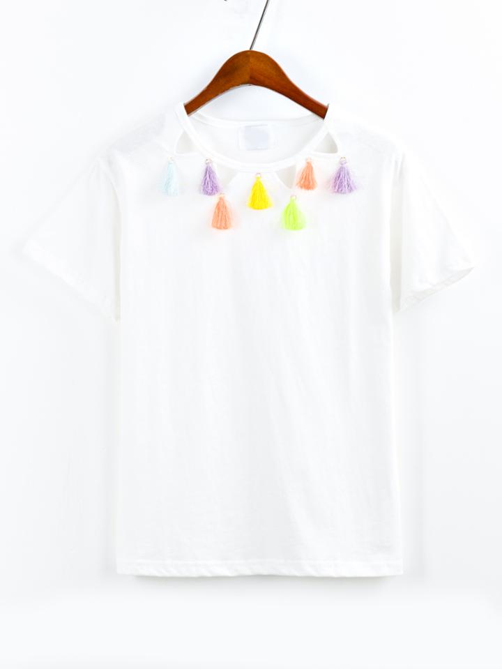 Romwe Cutout Tassel Neck T-shirt - White