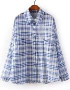 Romwe Blue Lapel Plaid 83 Print Loose Blouse