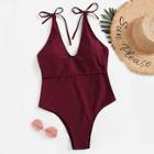 Romwe Plus Self Tie Low Back One Piece Swimsuit
