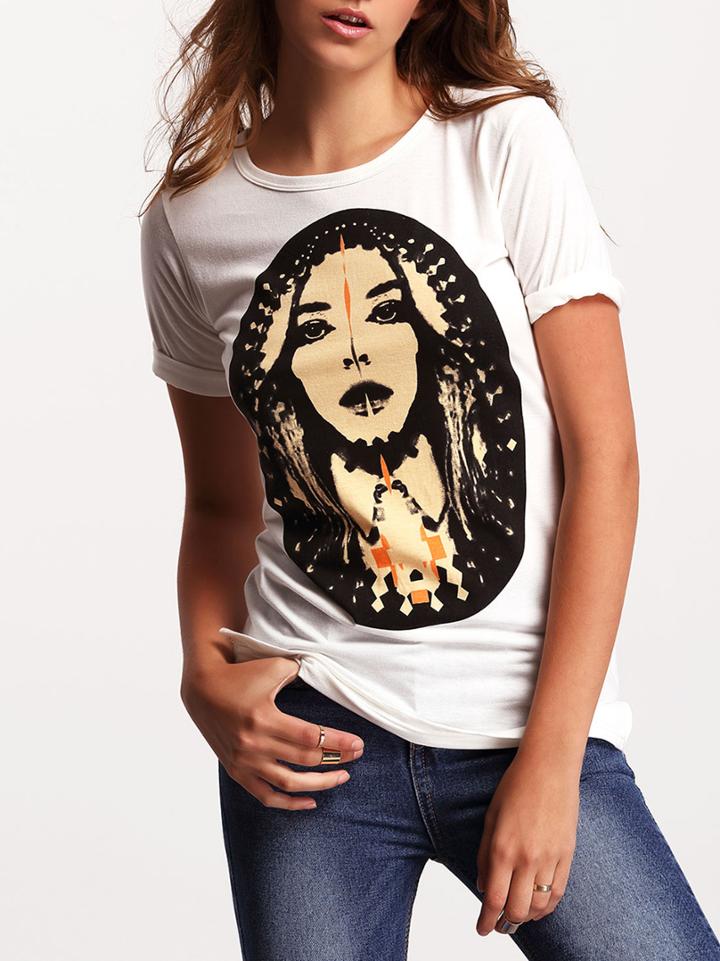 Romwe White Crew Neck Portrait Print T-shirt