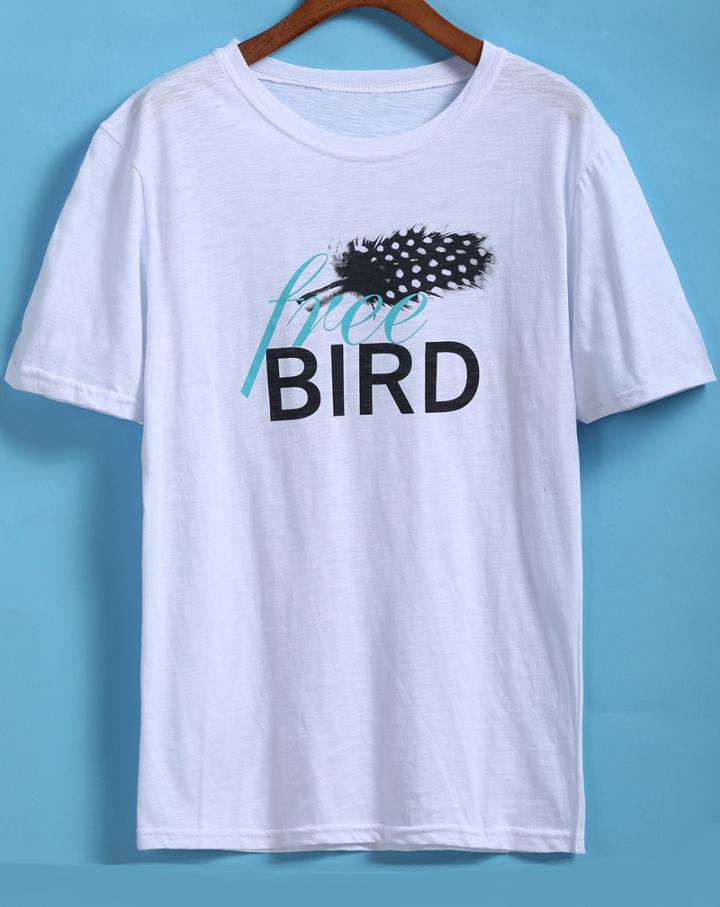 Romwe Feather Letter Print T-shirt