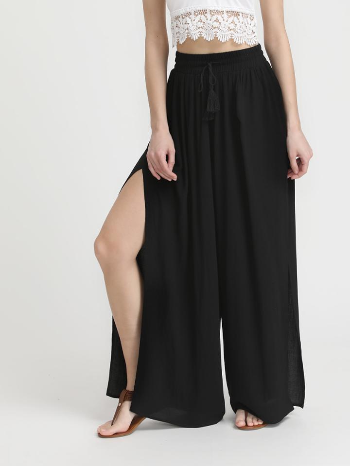 Romwe Drawstring Waistband Side Slit Palazzo Pants