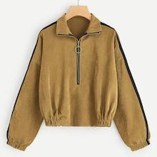 Romwe Contrast Tape Side Zip-up Corduroy Sweatshirt