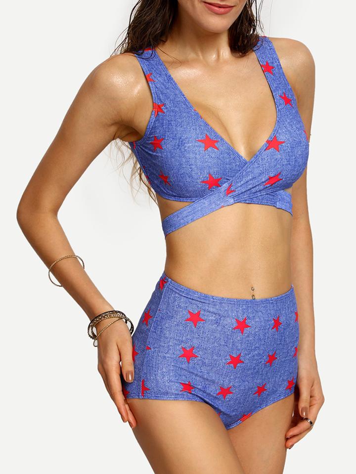 Romwe Star Print Cross Wrap High Waist Bikini Set