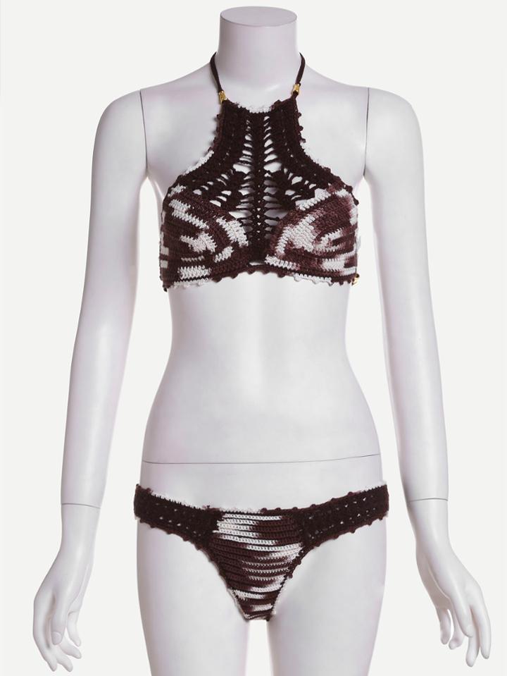Romwe Coffee Halter Crochet Tassel Detail Bikini Set
