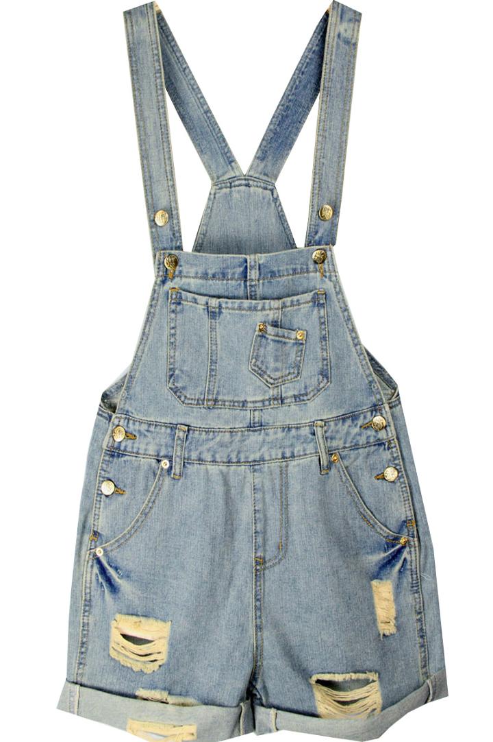 Romwe Buttoned Ripped Blue Denim Suspender Shorts
