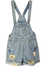 Romwe Buttoned Ripped Blue Denim Suspender Shorts