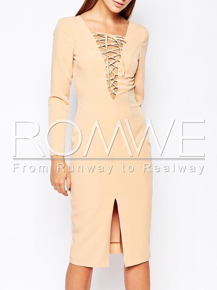 Romwe Yellow Long Sleeve Lace Up V Back Dress
